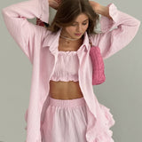 Ruffled Loose Casual Long Sleeve Three Piece Set