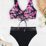 Drawstring Strap Tape Print Two Piece Set