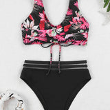Drawstring Strap Tape Print Two Piece Set