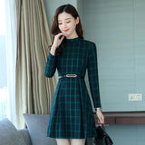 Dress autumn outfit women plaid print long sleeve o neck belted outfit