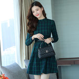 Dress autumn outfit women plaid print long sleeve o neck belted outfit