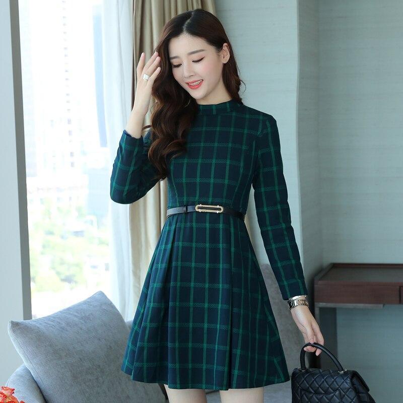 Dress autumn outfit women plaid print long sleeve o neck belted outfit