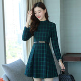 Dress autumn outfit women plaid print long sleeve o neck belted outfit