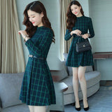 Dress autumn outfit women plaid print long sleeve o neck belted outfit