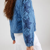 Long Sleeve Button Blue Embroidered Cropped Jacket