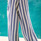 Beach Style Striped Drawstring Wide Leg Pants