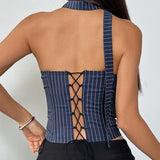 Stripe Lace Trim Backless Corset Crop Top