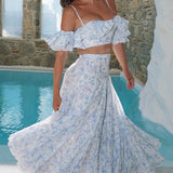 Off Shoulder Floral Ruffled Camisole Maxi Dress Two Piece Set