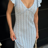 French Ruffle V Neck Knit Pastoral Maxi Dress