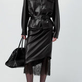 Elegant Lace Trim Leather Skirt
