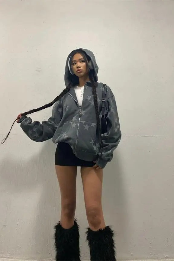 Star Print Zip Up Hoodie