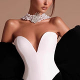 Crystal-Floral Luxury Black-White Bodycon Strapless Party Dress