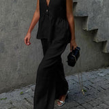 Romantic Cotton V Neck Sleeveless Vest Pants Two Piece Set