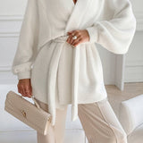 White Fuzzy Tie Waist Mid-Length Relaxed Cardigan