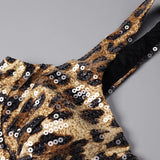 Leopard Sequin Sheer Cape Spaghetti Strap Backless Prom Dress