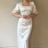 Satin Puff Sleeve Floral Dress