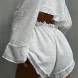 Sheer Knit Tie Front Cardigan Shorts Two Piece Set