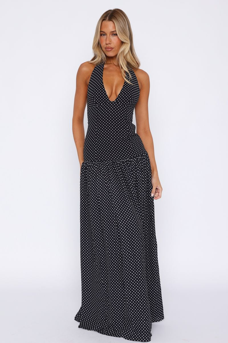 Sweet Temptation Halter Maxi Dress Black/ White Polka Dot
