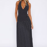 Sweet Temptation Halter Maxi Dress Black/ White Polka Dot