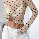 Polka Dot Mesh Slim Fit Long Sleeve Crop Top