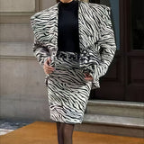 V Neck Zebra Print Two Piece Blazer Skirt Set