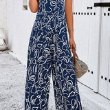 Printed Wide Strap Jumpsuit with Pockets