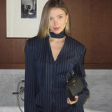 V Neck Striped Fitted Blazer Skirt Two Piece Set