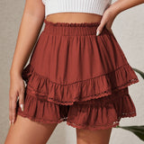Ruched Tiered Ruffle Hem Elastic Waist Skort