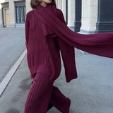 Relaxed Fit V Neck Ribbed Sweater with Pants Two Piece Pants Set