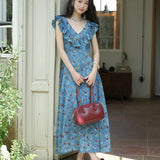 V-Neck Ruffled Midi Floral Dress