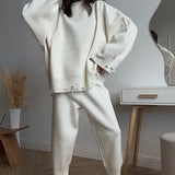 Solid Distressed Knit Crew Neck Sweater Two Piece Set
