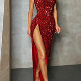 Sequin High Slit Strapless Off-Shoulder Party Dress