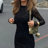 Solid Turtleneck Long Sleeve Lace Rhinestone Bodycon Mini Dress