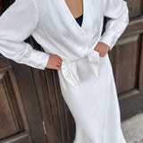 Satin Acetate-like V Neck Tie Long Sleeve Skirt Set