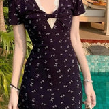 V-neck Waist-cinching Slim Floral Dress
