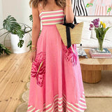 Floral Print Paneled Striped Suspender Mixi Dress