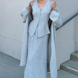 Vintage Gray Knit Jacket Vest & Maxi Skirt Three Piece Set