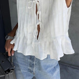 Solid Ruffled Tie Linen Cotton Shirt Tank Top