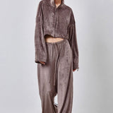 Vintage Drawstring Crop Top and Wide Leg Pants Two Piece Set