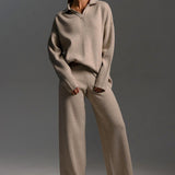 Polo Collar Knit Pullover Wide-Leg Pants Two Piece Set