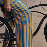 Beach Style Striped Drawstring Wide Leg Pants