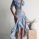 Floral Light Blue Ruffled Split Midi Skirt Two Piece Set