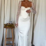 Long Sleeve Lace Satin Maxi Dress
