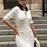 Single Breasted V Neck Knitted Slit Peter Pan Collar Midi Dress