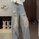 Lace Panel High Waist Wide Leg Jeans