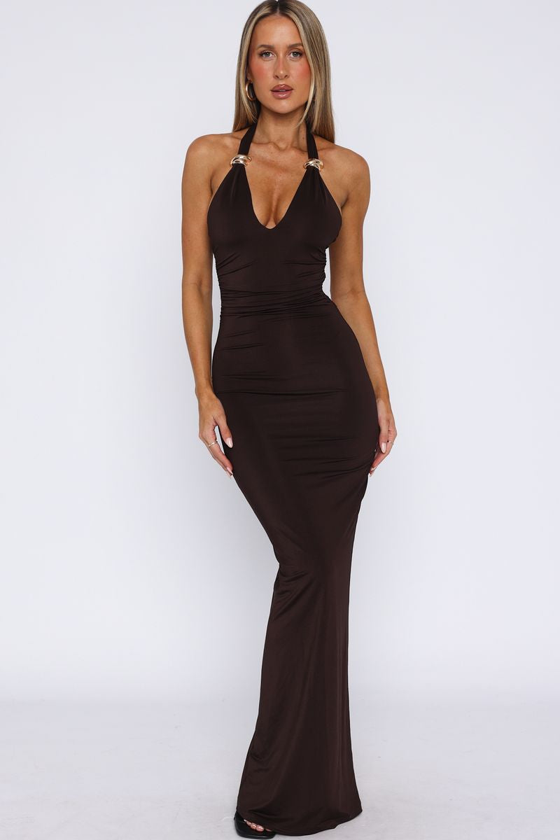 Waste A Moment Halter Maxi Dress Chocolate