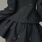 Embroidered Waist-Cinched Blazer & Mini Skirt Two Piece Set