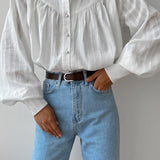 White Cotton Jacquard Stand Collar Blouse