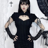 Gothic Hollow Out Vertical Collar Short Sleeve Vertical Texture Knitted Hip Dress