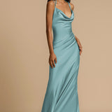 Solid Color Draped Collar Backless Evening Dress